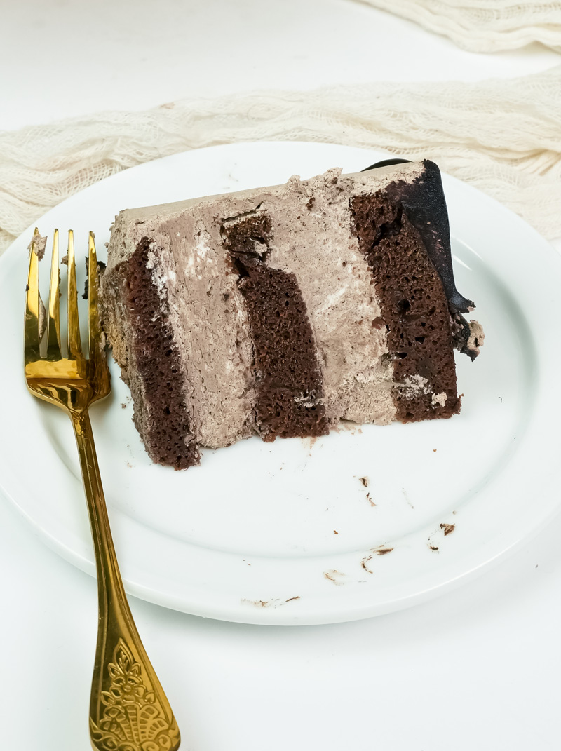 Plated Ferrero Rocher cake slice with gold fork showing texture
