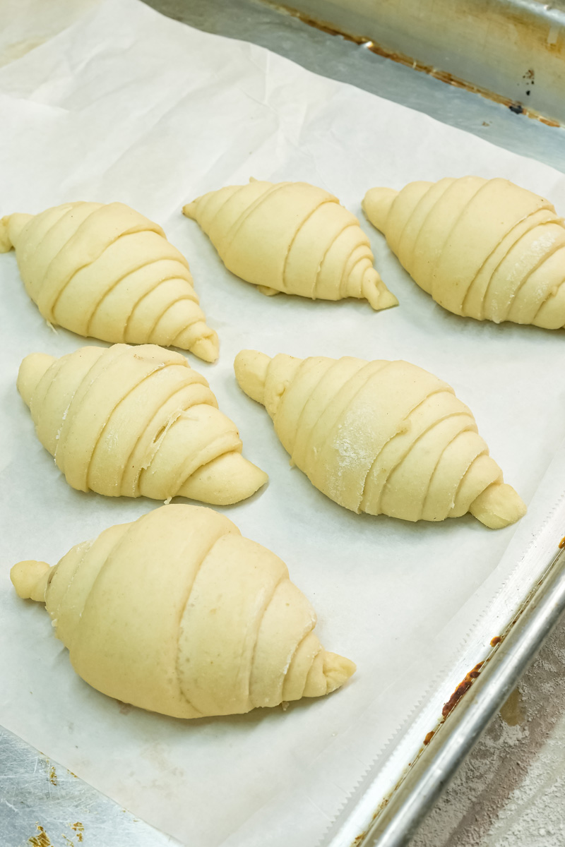 Raw croissant bread rolls arranged on parchment paper