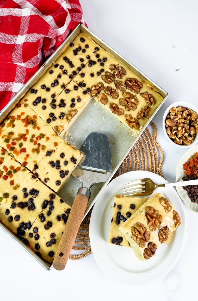 Serving sheet pan pancake squares on individual plates