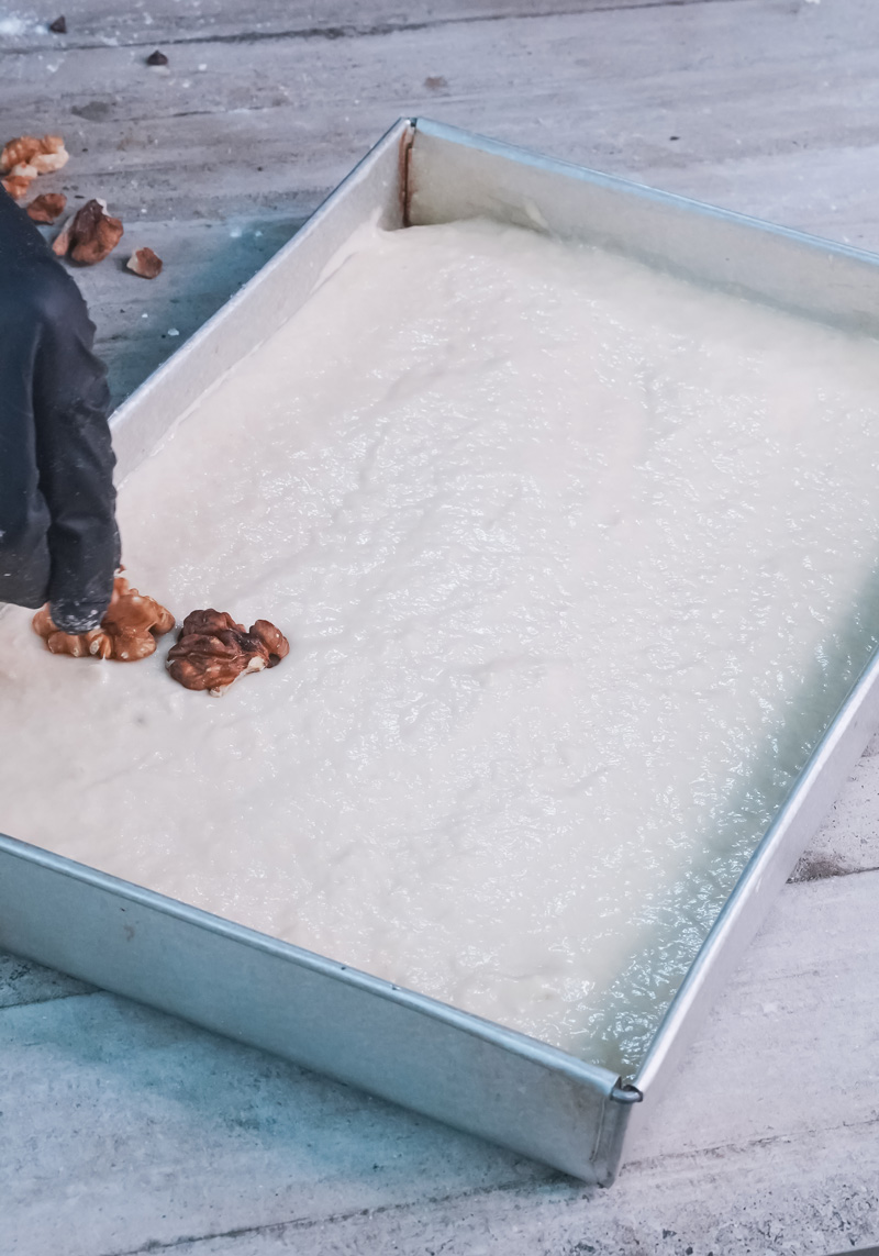 Sheet pan pancake batter ready for toppings