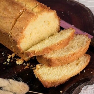 Sliced Madeira cake showing light yellow crumb texture