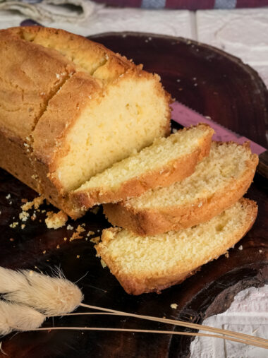 Sliced Madeira cake showing light yellow crumb texture