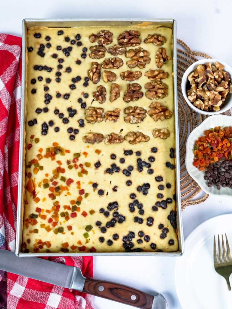 Sliced sheet pan pancakes ready to serve