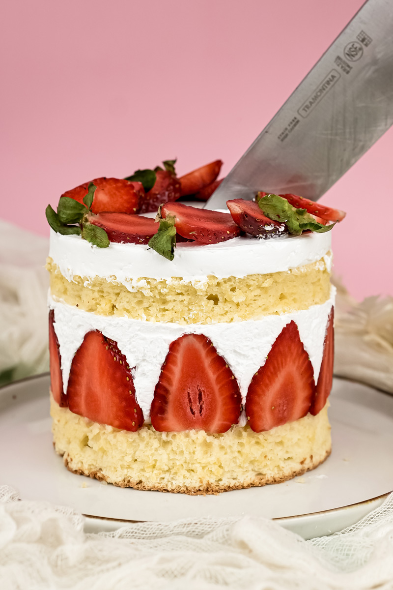Slicing homemade Fraisier cake with knife