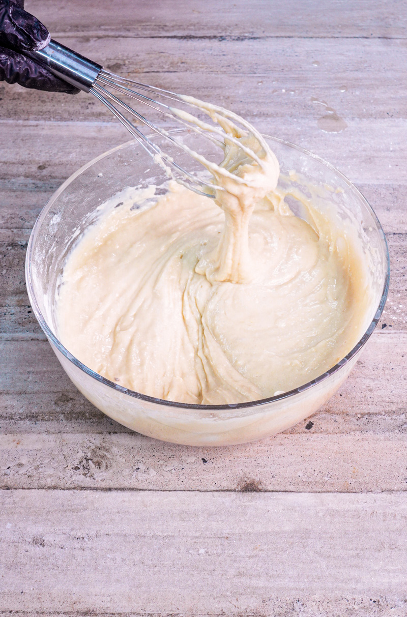Smooth finished pancake batter ready for sheet pan