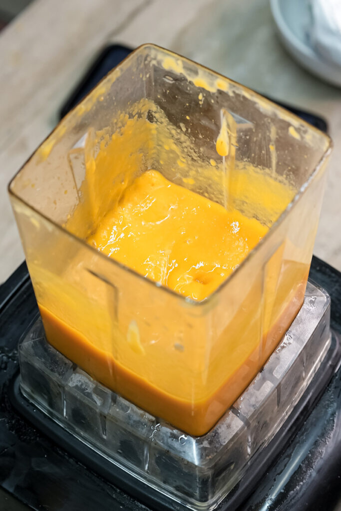 Smooth mango puree ready for mango muffin batter