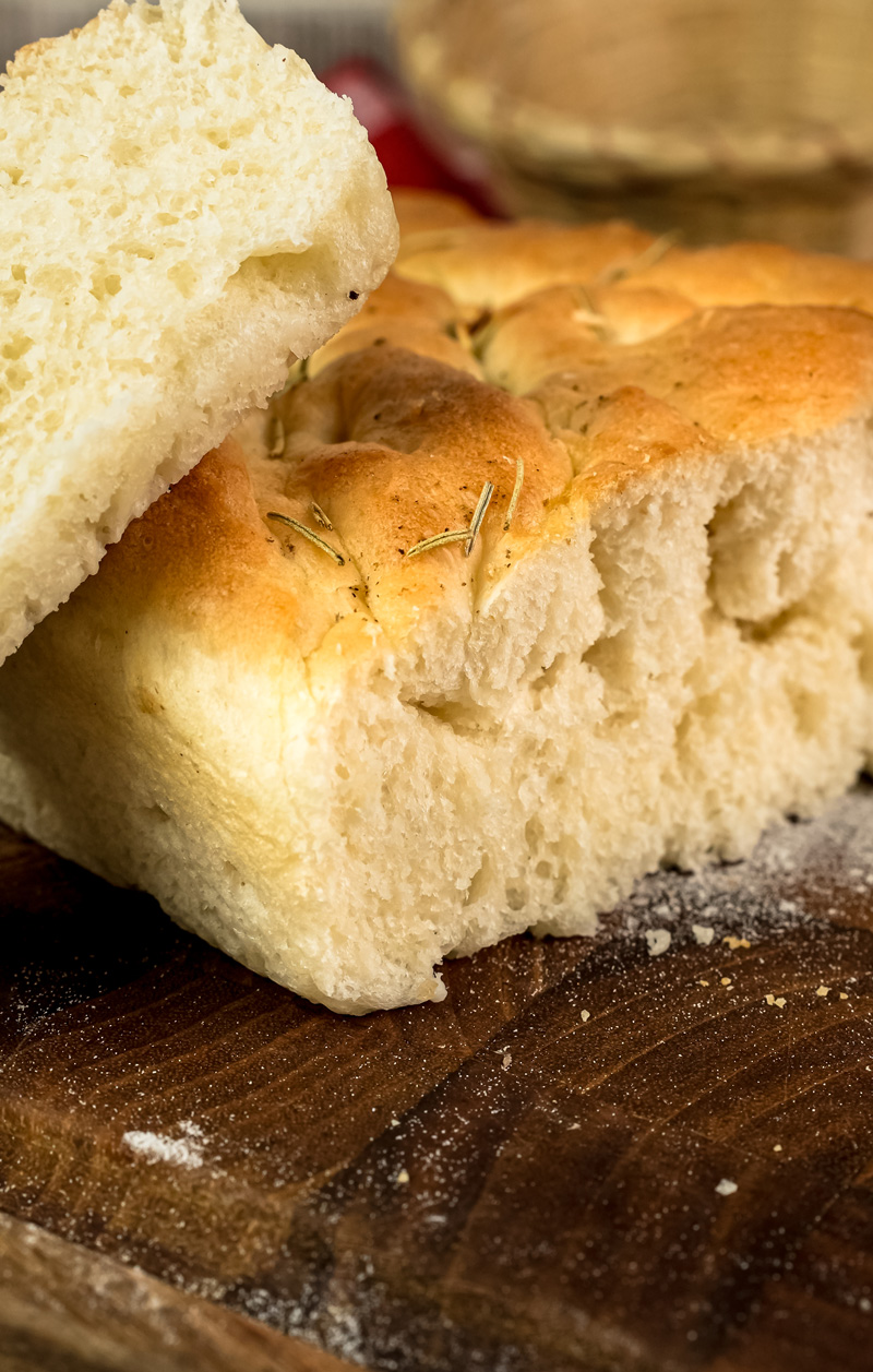Soft airy texture of homemade focaccia bread slice