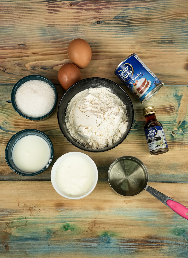 Strawberry shortcake ingredients: flour, eggs, milk, baking powder, vanilla, sugar