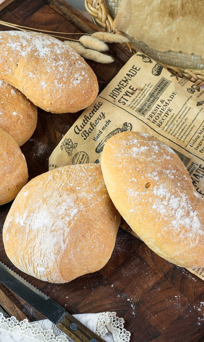 Traditional ciabatta bread in woven basket