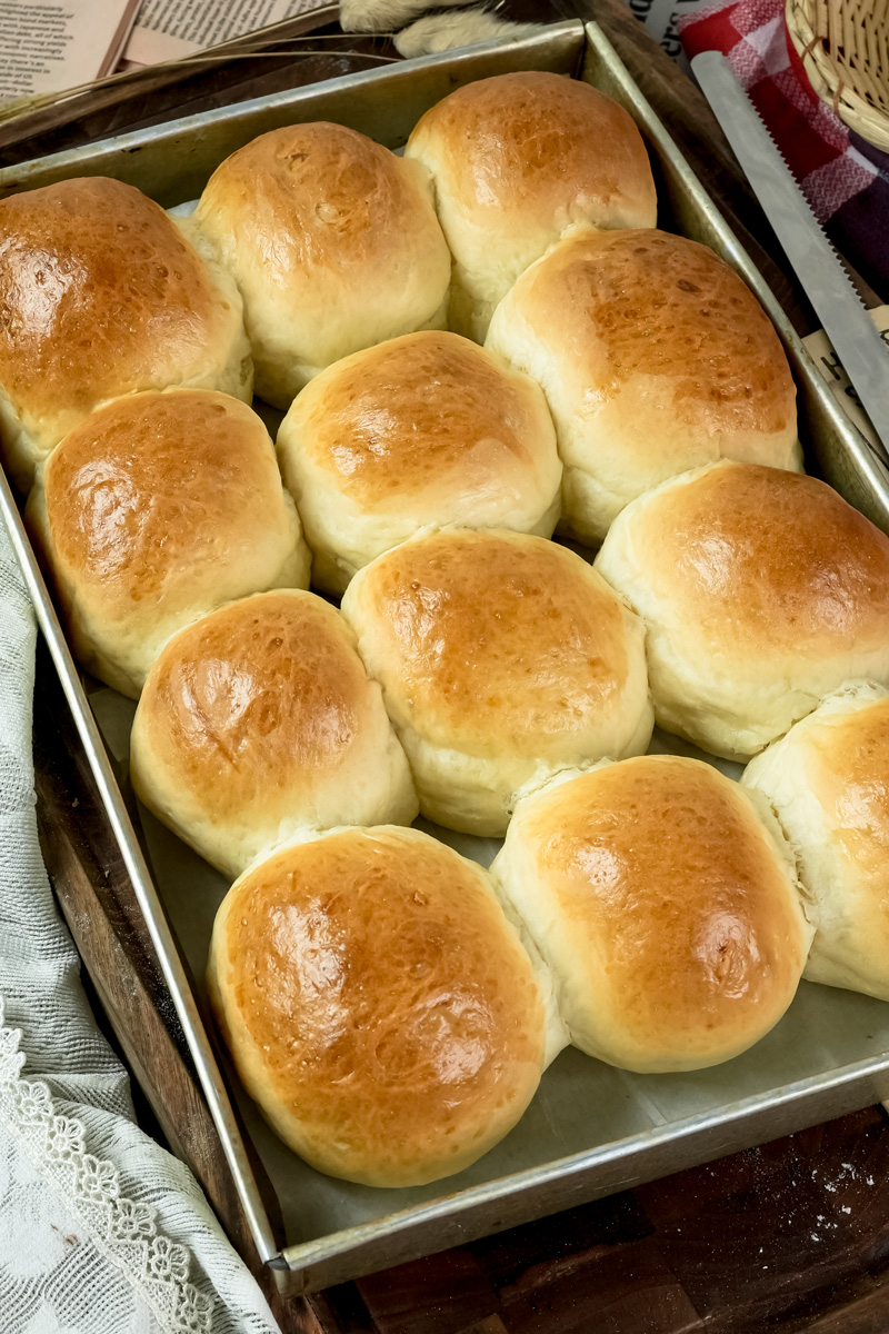 Freshly baked homemade buns in baking pan