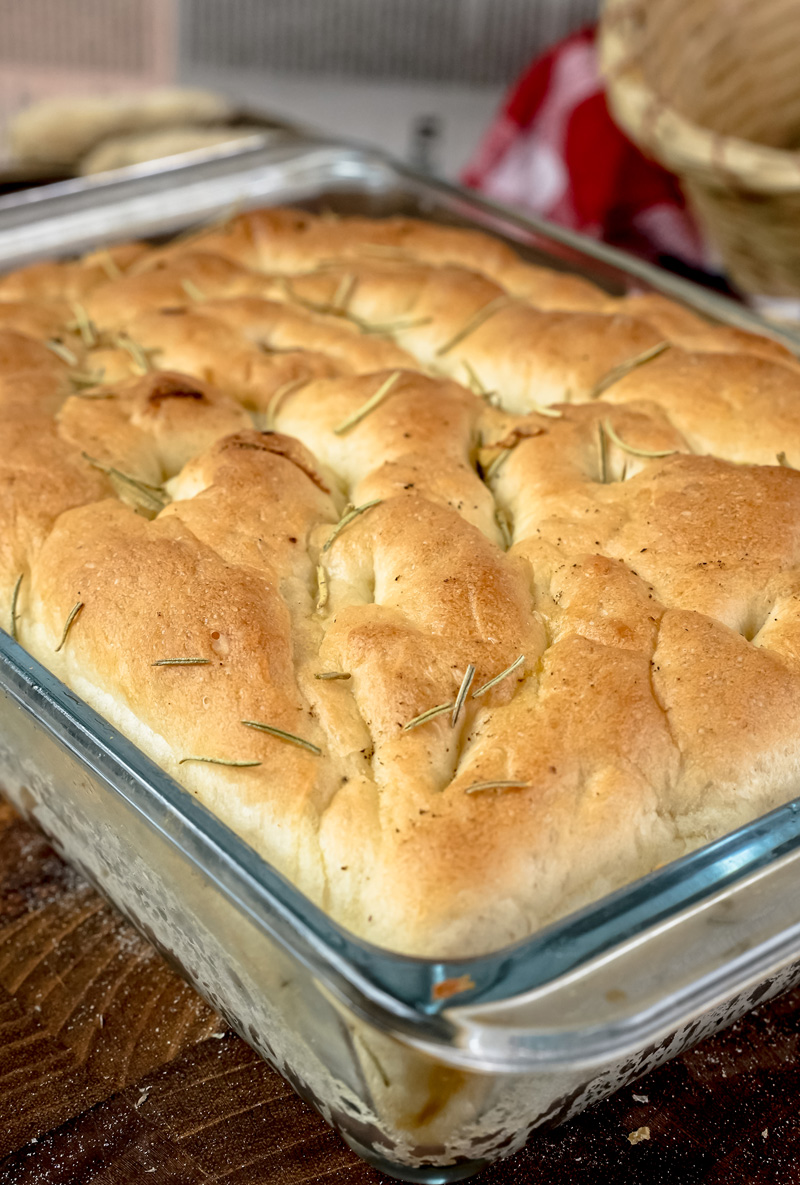 Freshly baked homemade focaccia in baking dish
