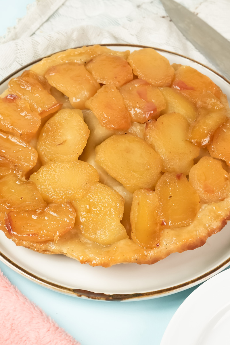 Close-up of caramelized apple topping on French Tarte Tatin