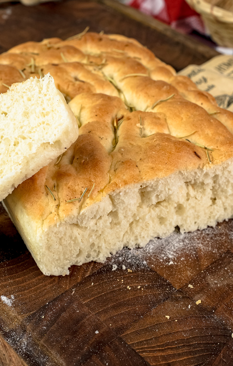 Close-up of fluffy focaccia bread texture and crumb