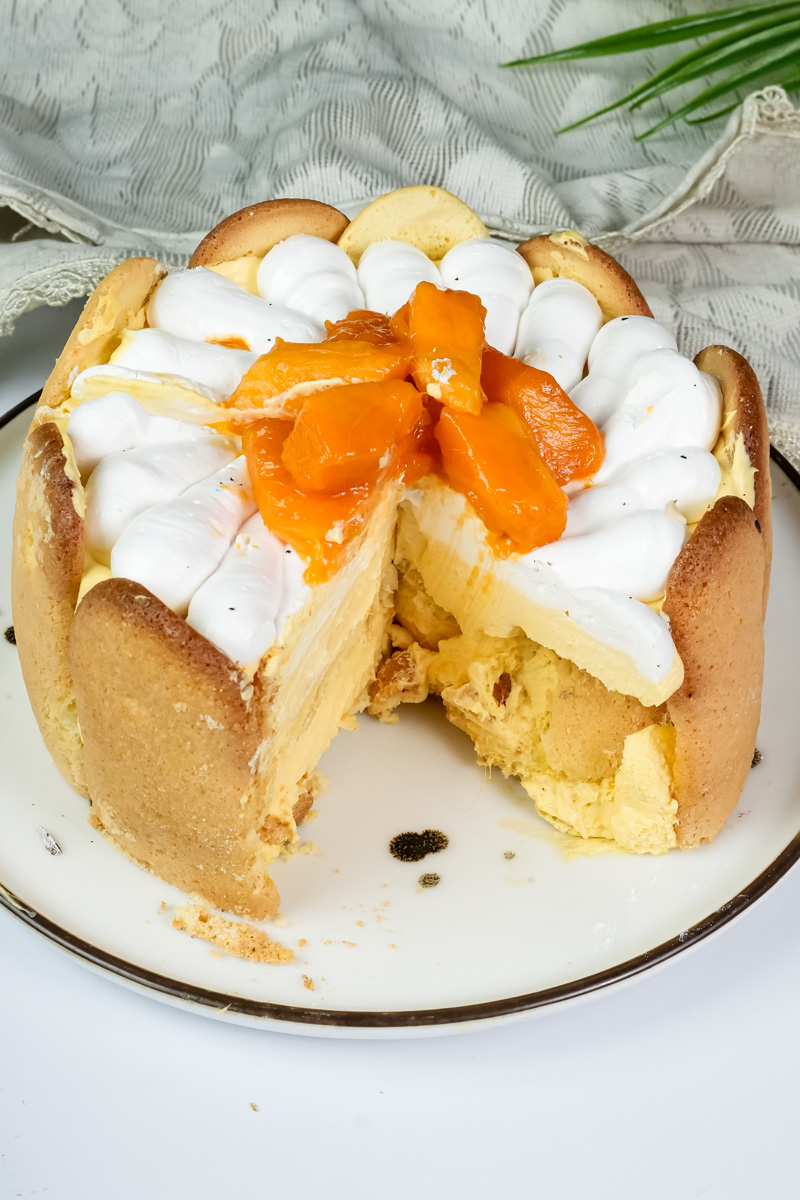 Finished mango charlotte cake topped with whipped cream and fresh mango pieces