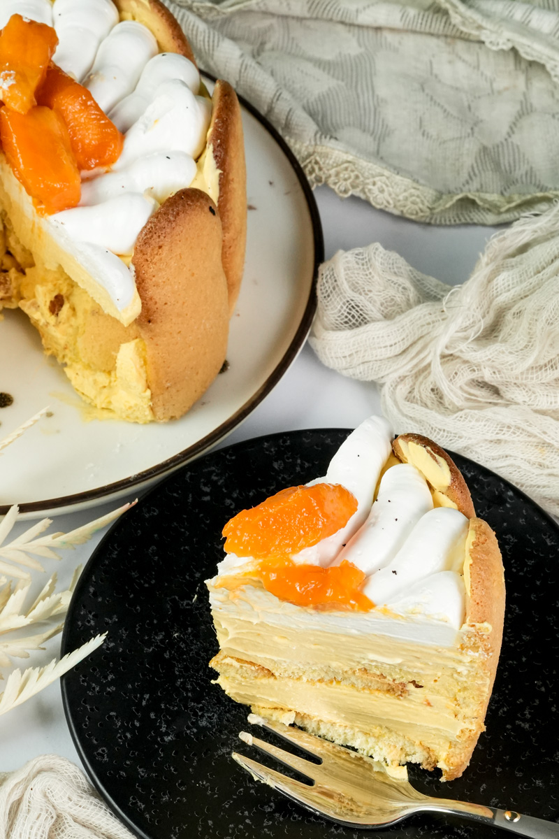 Close-up mango charlotte slice with visible ladyfinger layers and cream