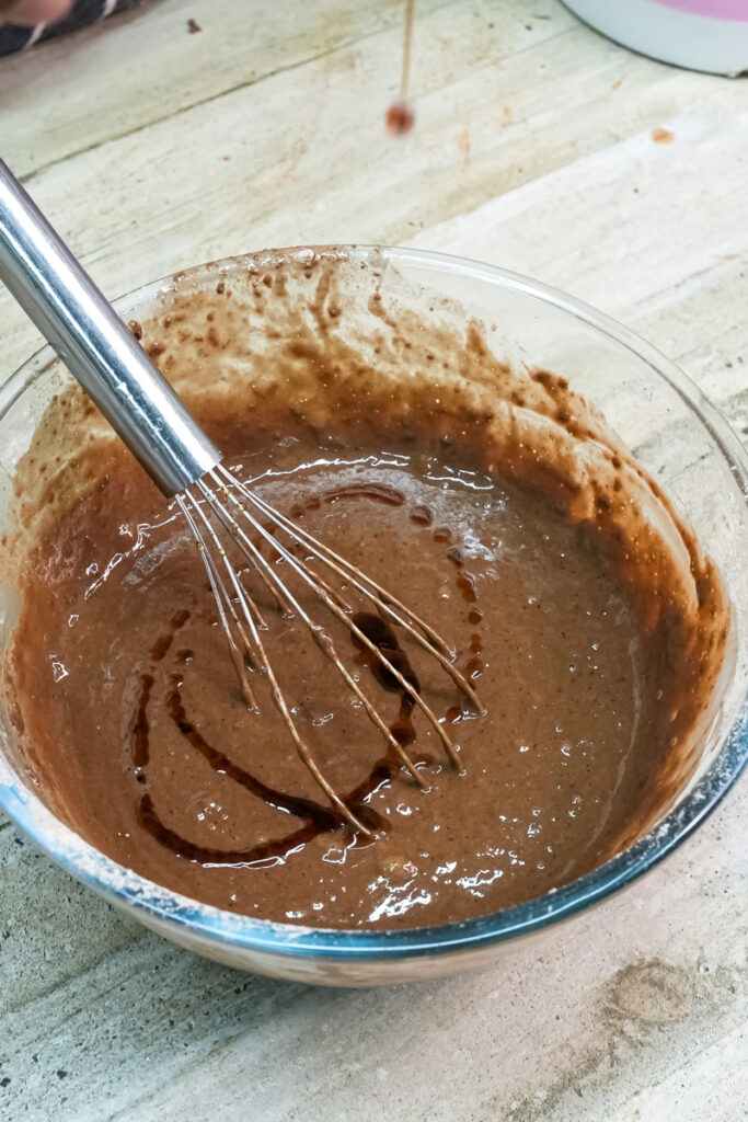 Continued mixing of Ferrero Rocher cake batter