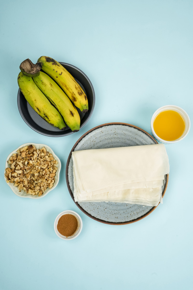 Banana strudel ingredients: bananas, phyllo, walnuts, honey, cinnamon