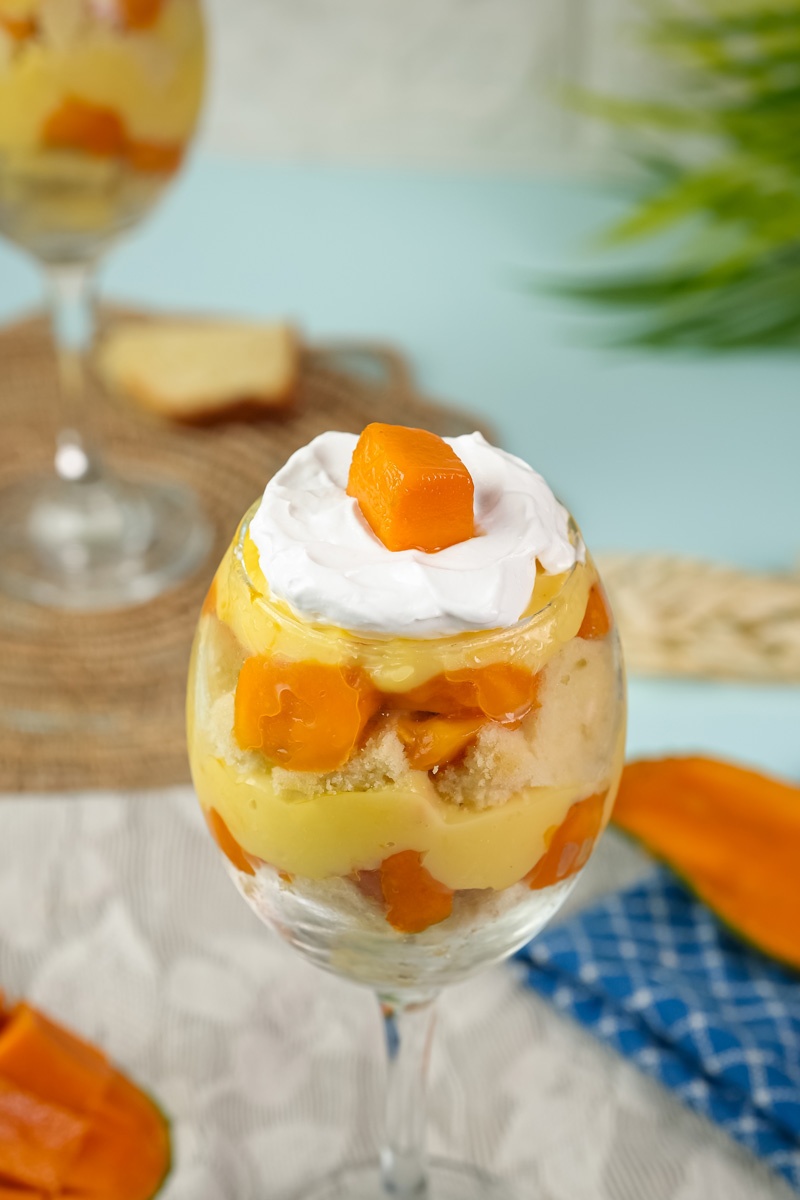 Beautiful mango trifle showing distinct dessert layers