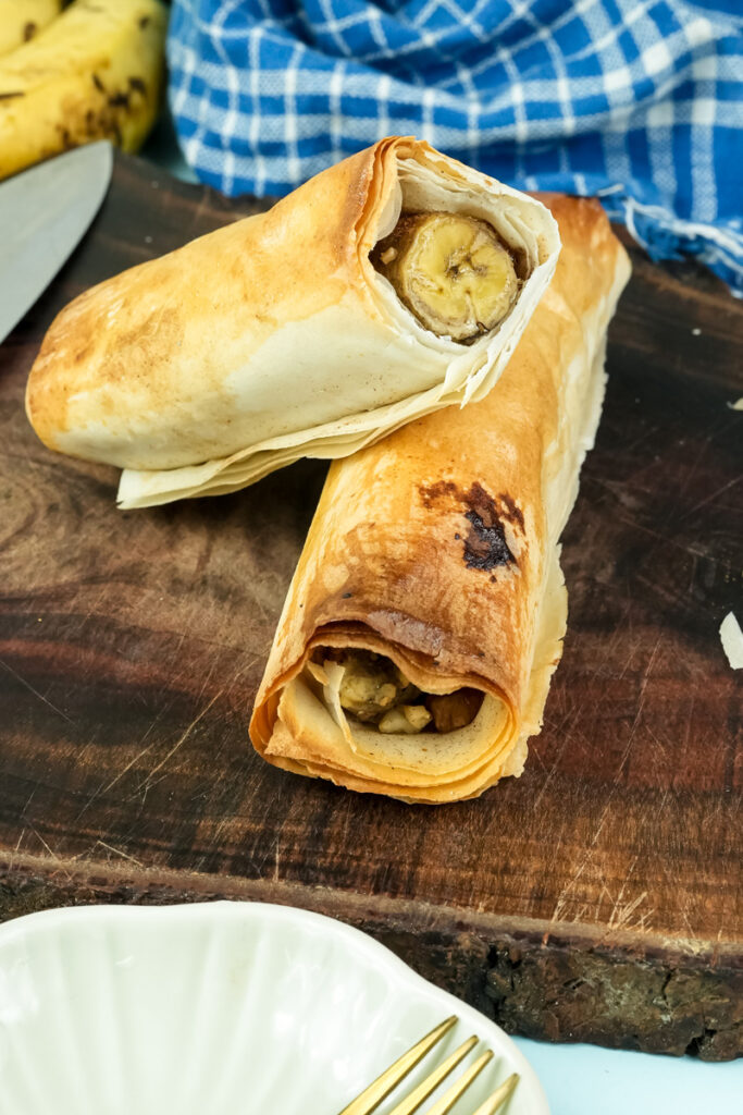 Cross-section of banana strudel revealing fruit filling
