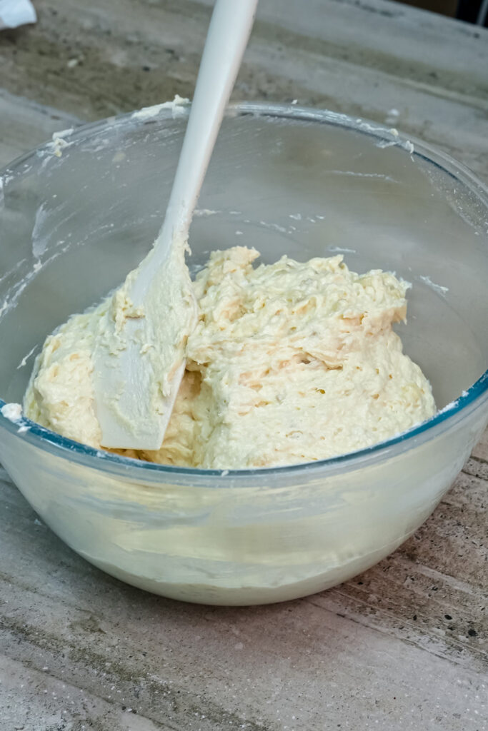 Finished Hawaiian banana bread batter ready to be poured into a loaf pan.
