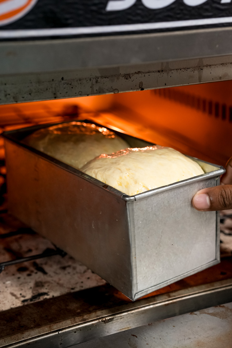 Japanese milk bread loaf pan going into oven for baking