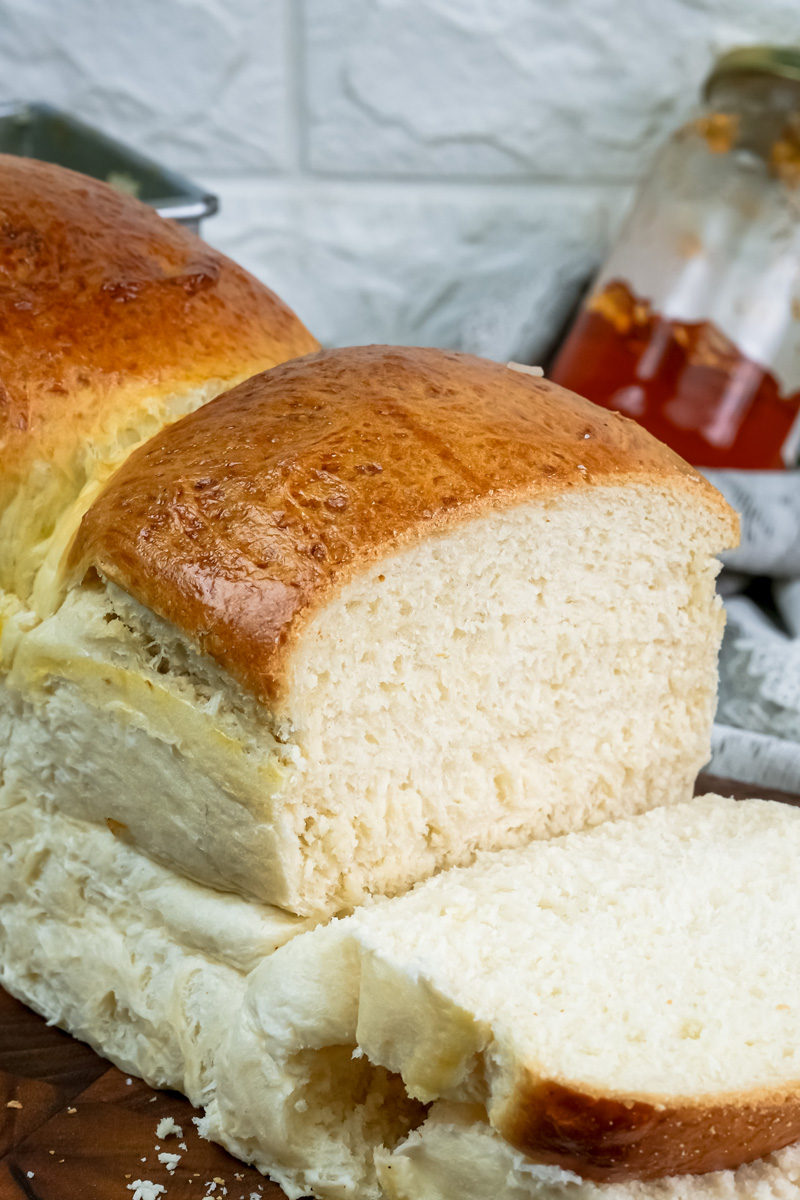 Close-up of Japanese milk bread slice showing tender crumb structure