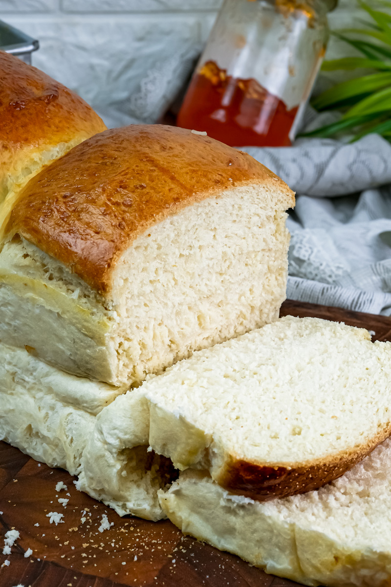 Sliced Japanese milk bread displaying characteristic fluffy texture