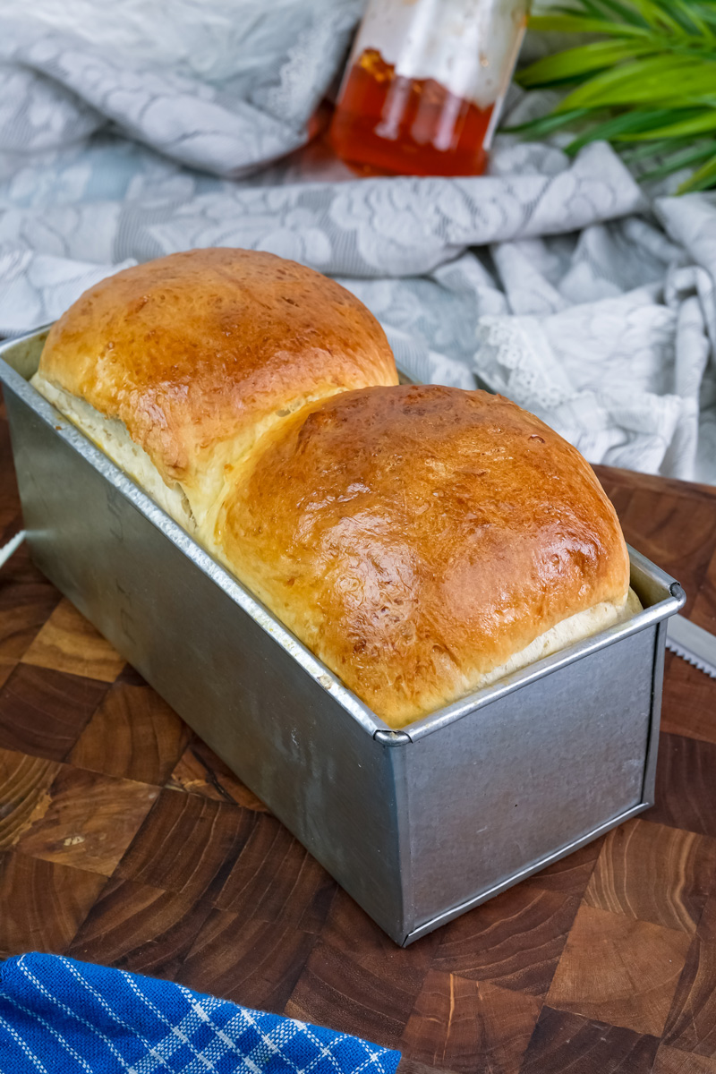 Finished Japanese shokupan bread cooling in loaf pan