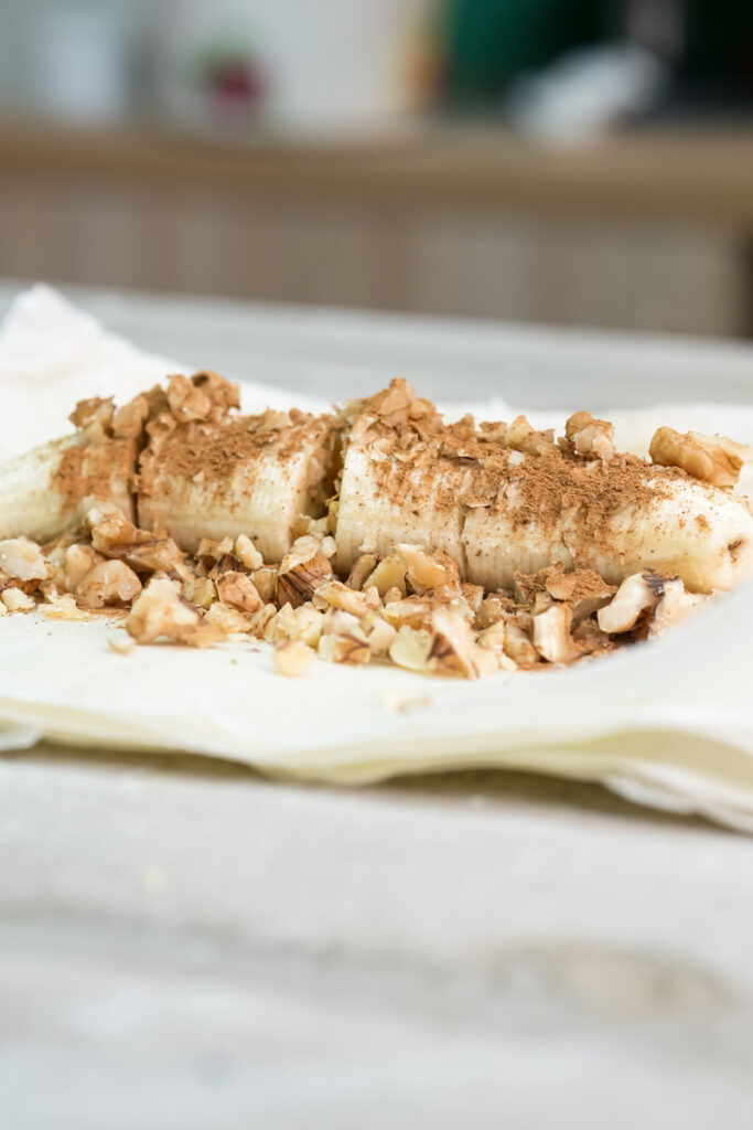 Seasoned banana strudel filling ready for wrapping