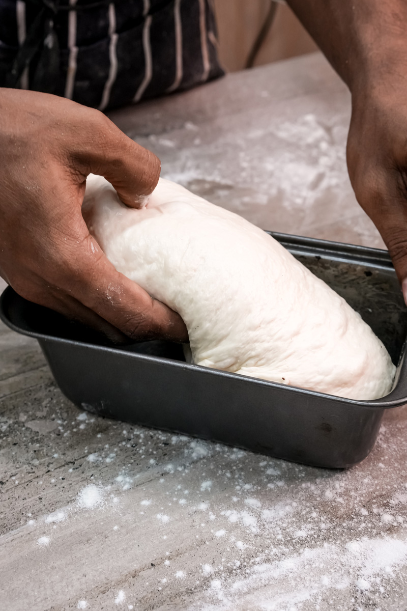 Placing the shaped English Muffin Bread dough into a metal loaf pan.