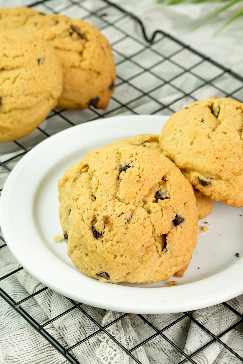 A close-up of a perfectly baked chocolate chip cookie on a plate