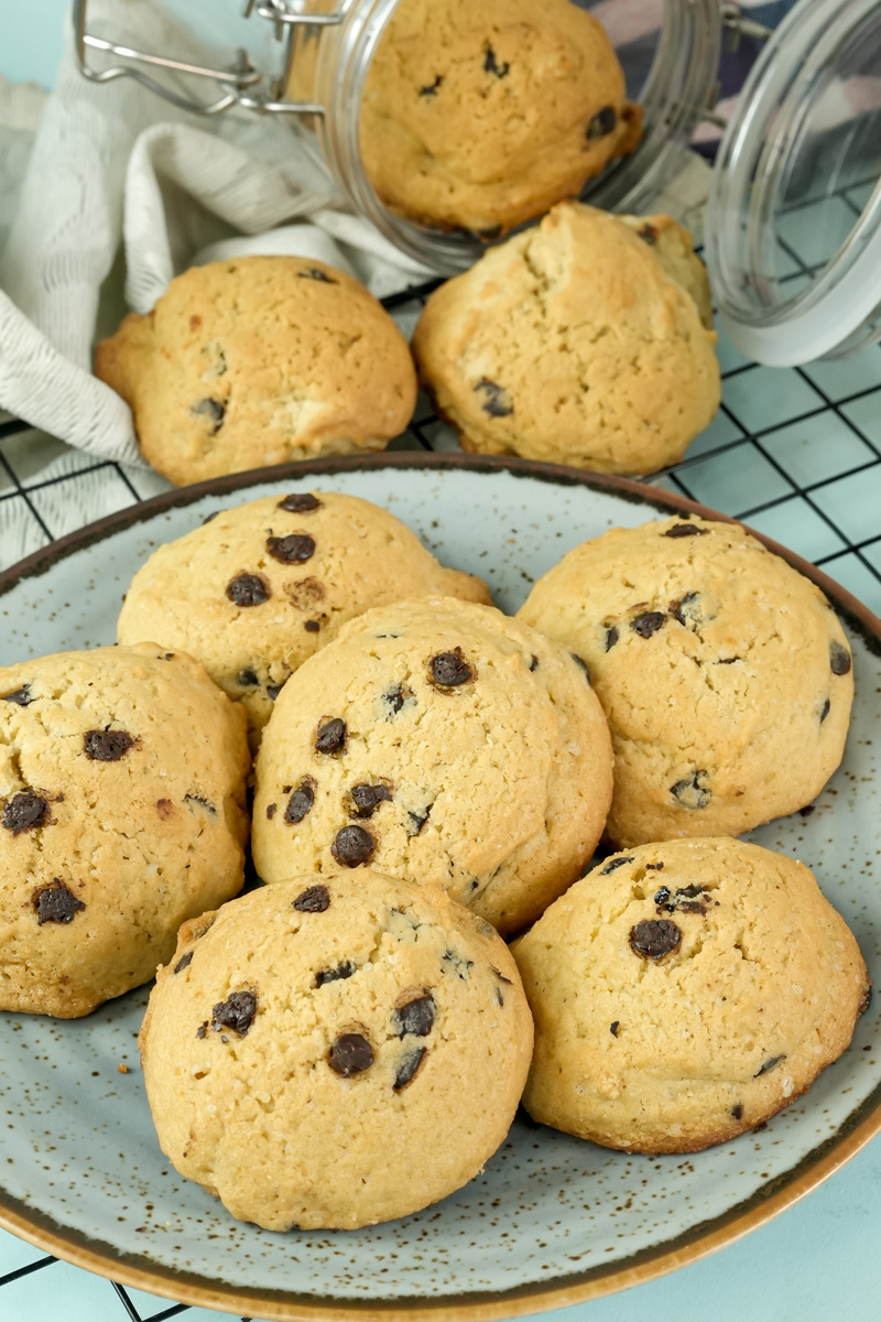 A plate of golden brown chocolate chip cookies