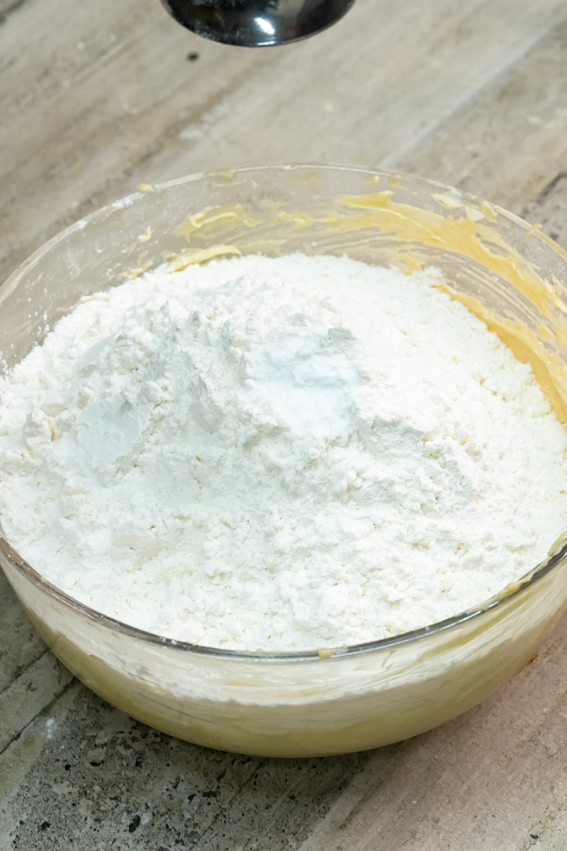 Adding flour and baking powder to wet ingredients