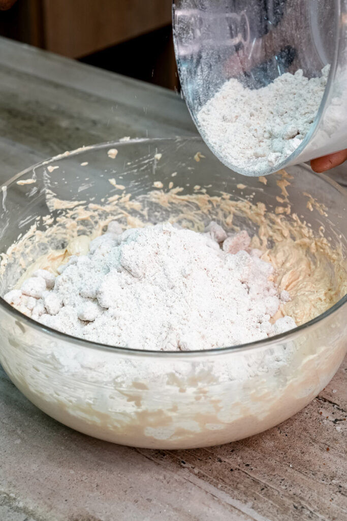 Adding flour to complete s'mores cookie dough