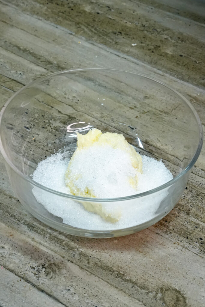 Butter and sugar creamed together in mixing bowl