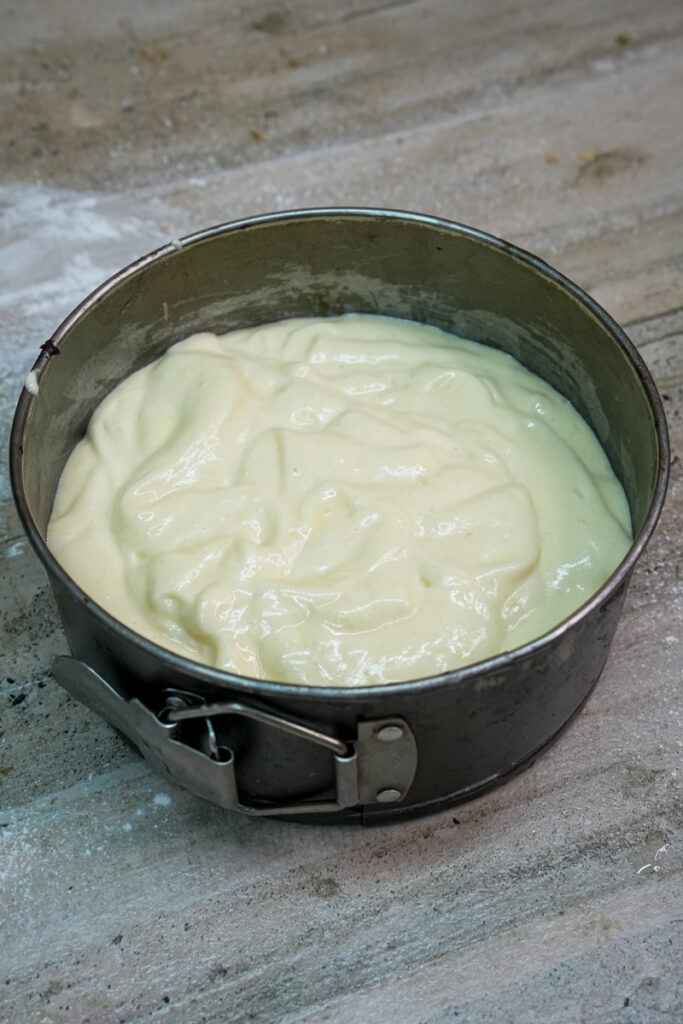 Cake batter poured into a round baking pan, ready to be baked