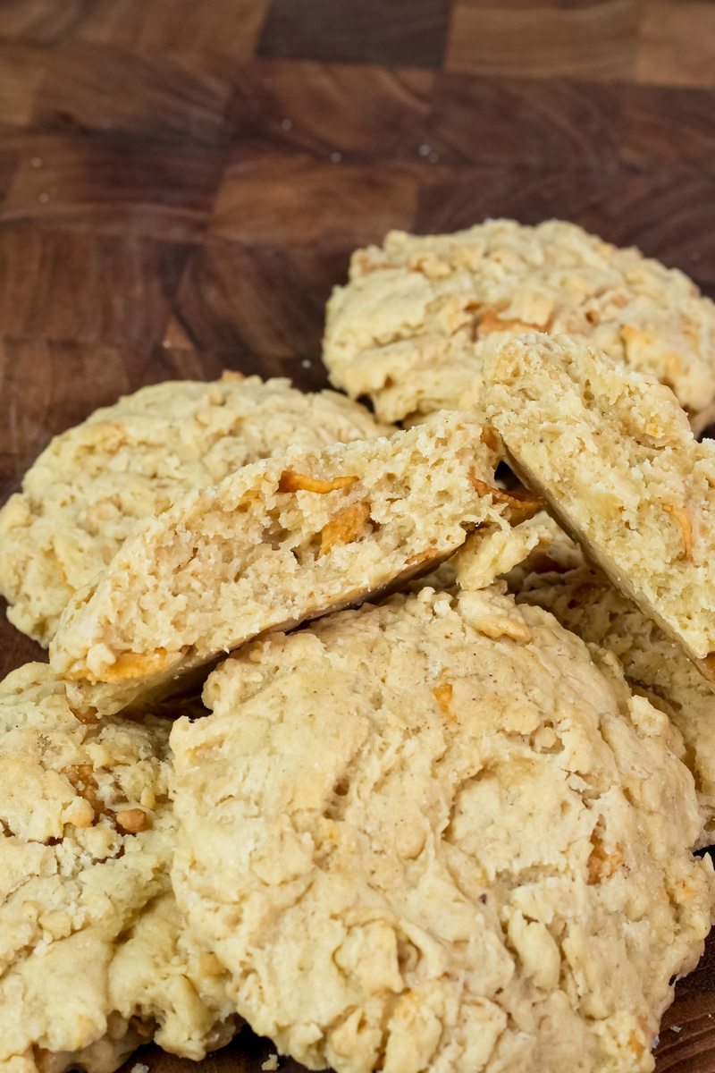 Close-up of ranger cookie interior revealing oat and coconut texture