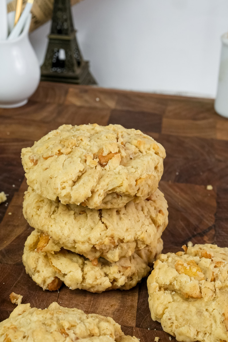Close-up of ranger cookies stacked showing chunky oat texture