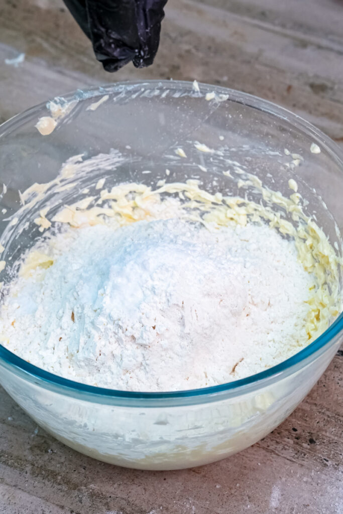 Combined cookie dough ingredients in mixing bowl
