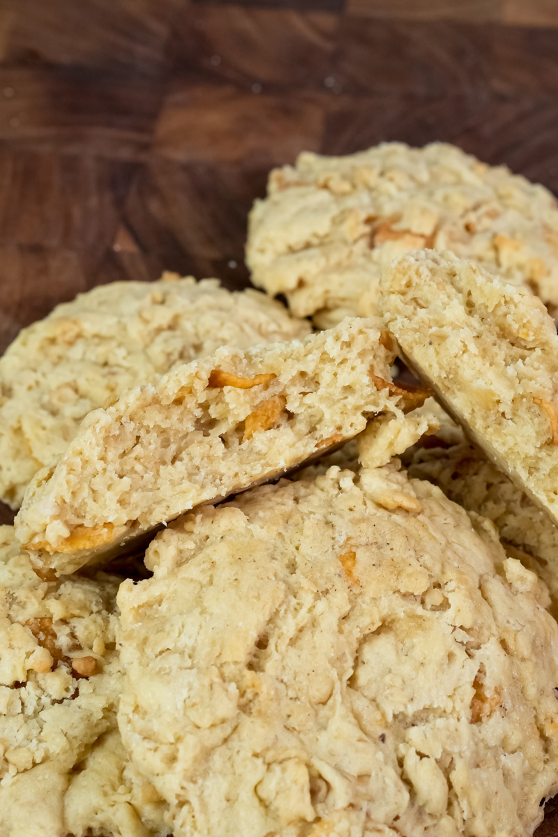 Cross-section of ranger cookie showing texture with oats and mix-ins