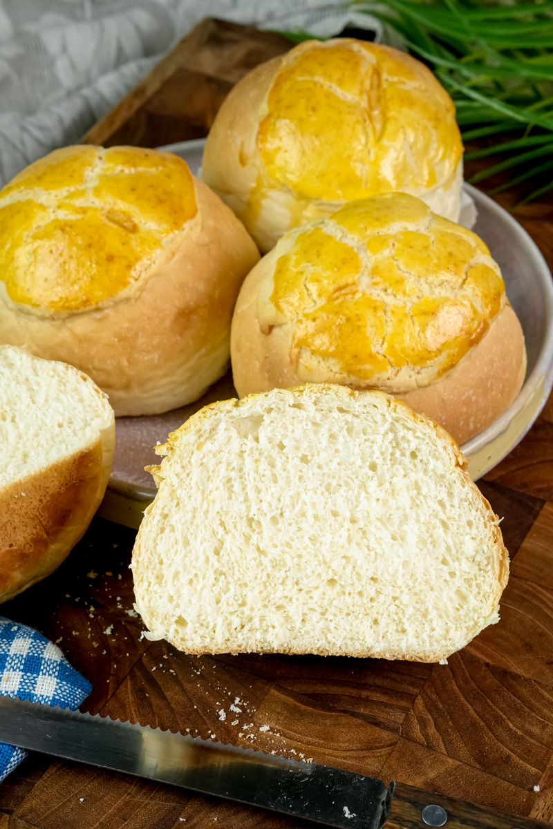Cross-section of soft fluffy pineapple bun showing texture