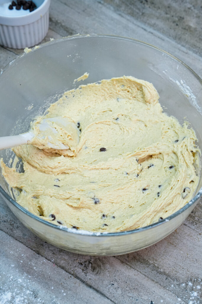 Finished cookie dough with chocolate chips ready for baking
