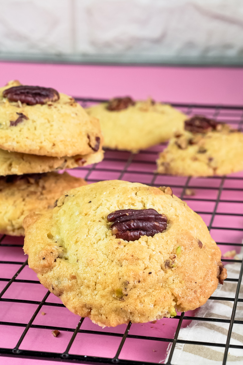 Freshly baked Pecan Pie cookies cooling on a wire rack