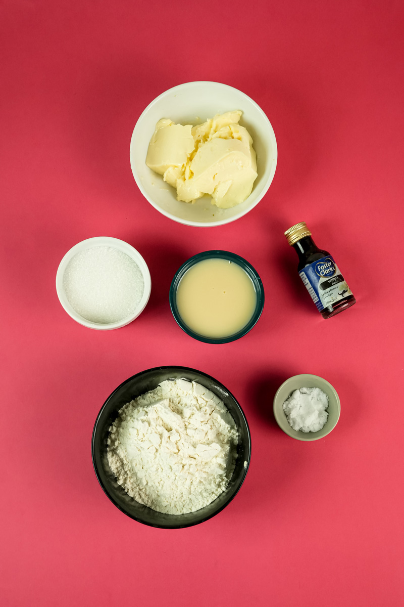 Milk cookie ingredients - butter, flour, sugar, milk and vanilla extract