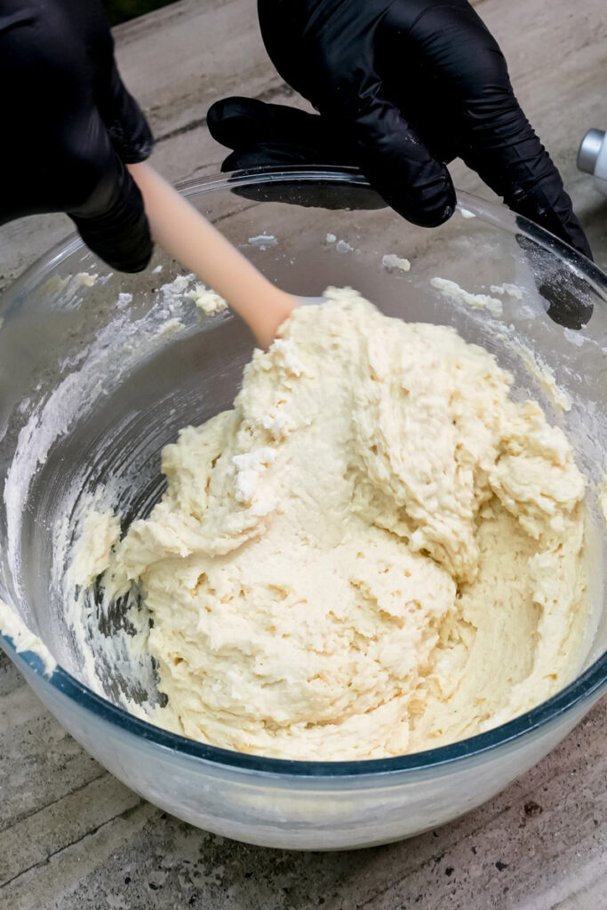 Mixing final milk cookie dough by hand