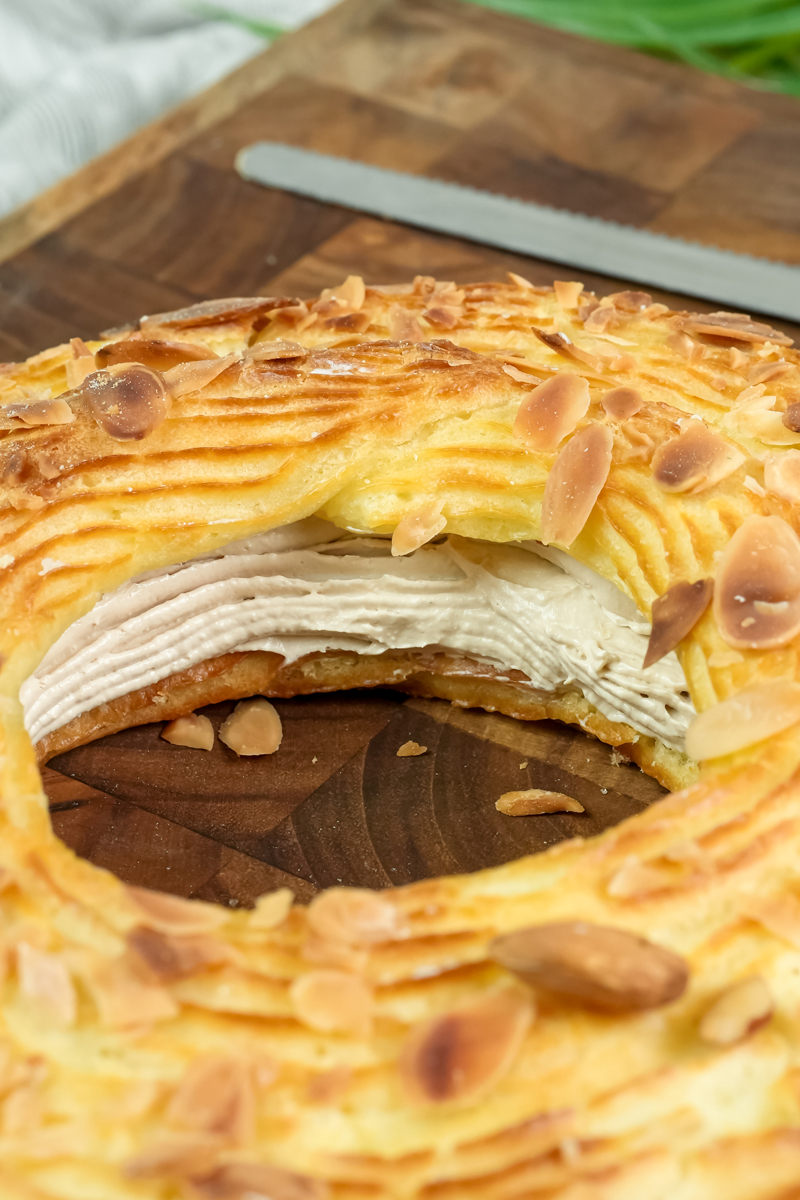 Paris Brest pastry cross-section with visible cream layers