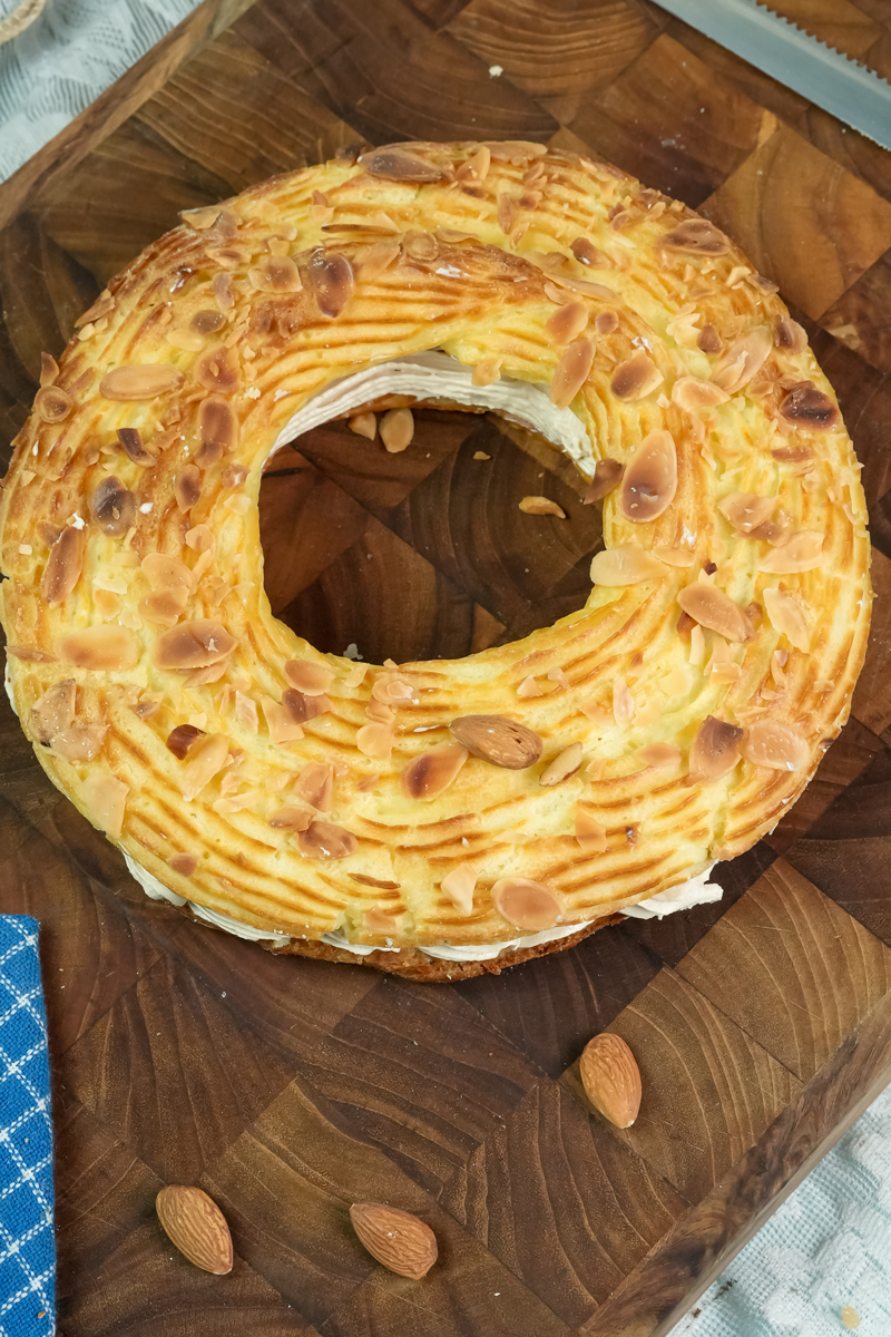 Overhead view of Paris Brest with sliced almonds on top