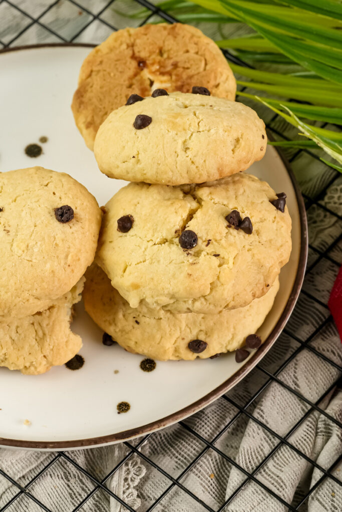 Plate of homemade cheesecake cookies with chocolate chips