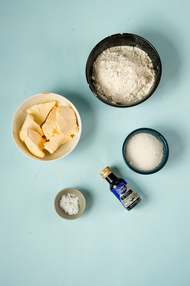 Shortbread cookie ingredients: butter, flour, sugar, salt and vanilla extract