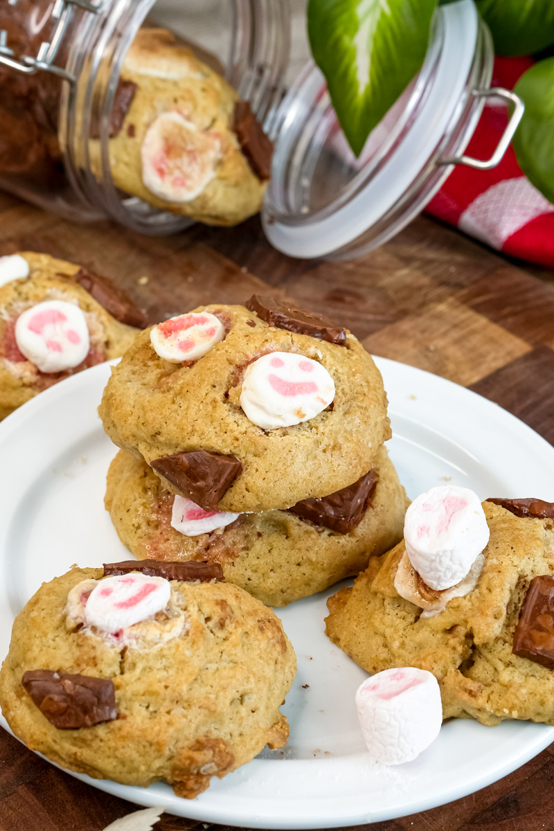 Final s'mores cookies with visible chocolate chunks and marshmallows